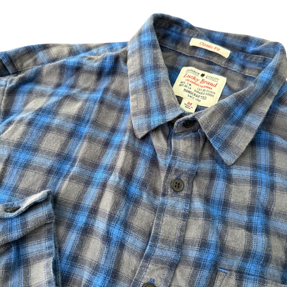 Lucky Brand Mens Plaid Flannel Shirt Blue Grey Classic Fit Button Down Medium